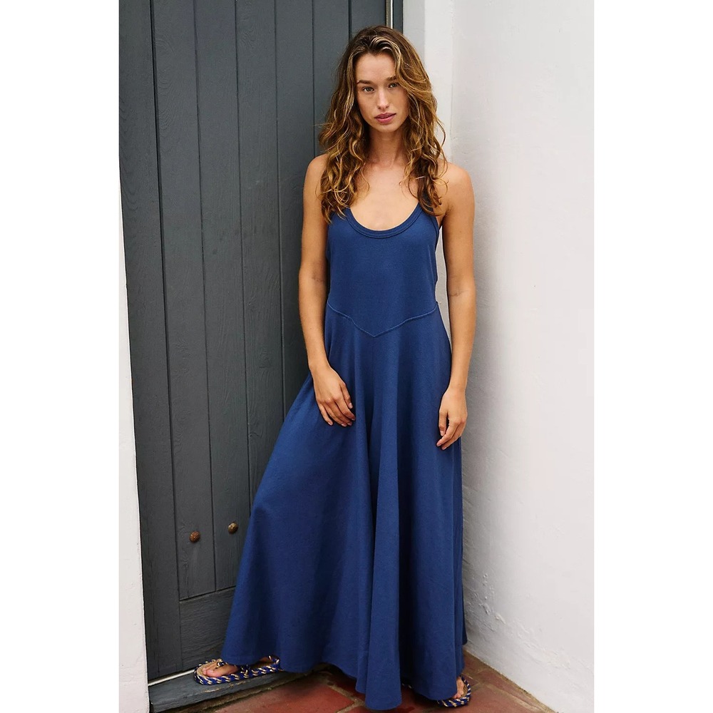 Free People FP Beach Cindy Insignia Blue Wide Leg Open Back Jumpsuit XS NEW